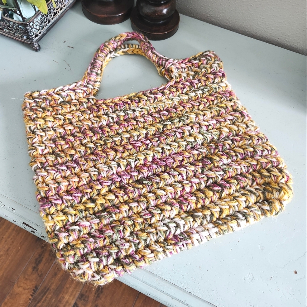 Handmade Crochet Tote Bag- Shades Of Gold, Burgundy, Green, And Cream